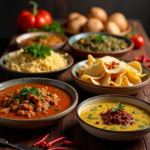 a group of bowls of food on a table