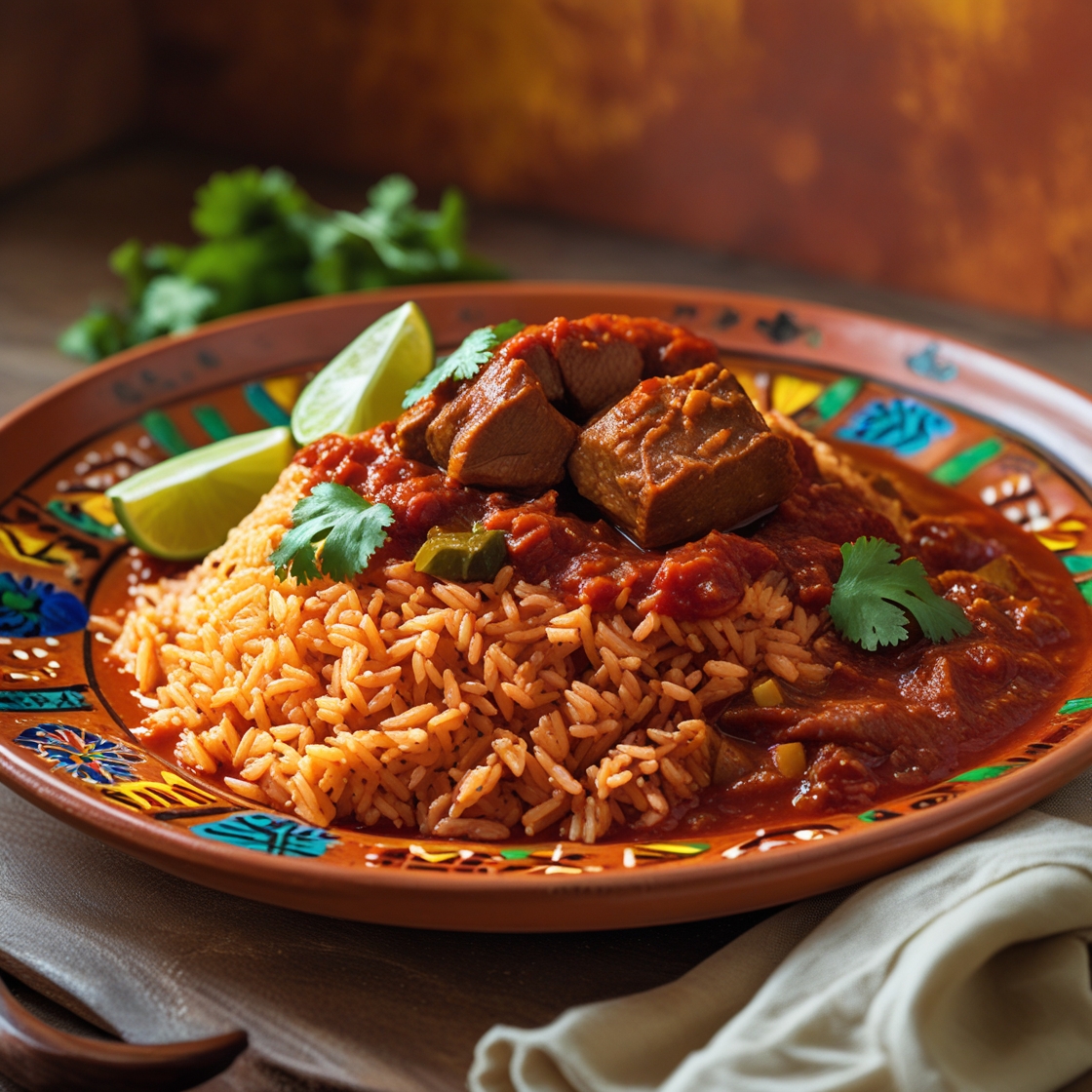un delicioso plato de arroz con salsa de tomate y un guisado de cerdo en salsa roja, platos de barro típico de la cocina mexicana, especificamente platillo tipico Coahuilense
